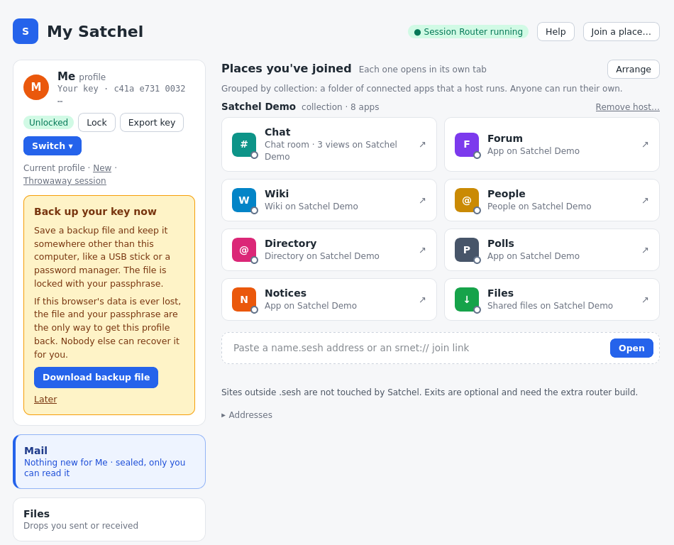 My Satchel in Satchel 0.3.0, just after making a key: the prompt to back it up, and the places joined from a demo collection